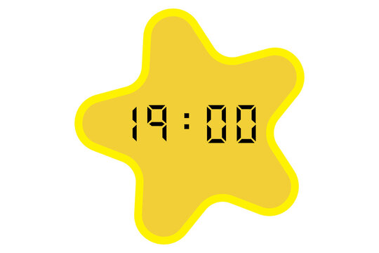 yellow star-shaped digital clock showing 19:00 on a white background
