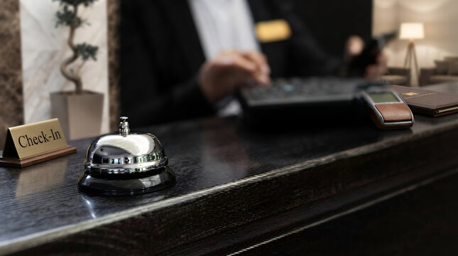 Hotel reception bell on a wooden desk with an elegant background and warm lighting