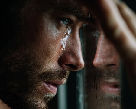Crying man with tear rolling down face for a dramatic crying man with tear rolling down face emotion, capturing a sad crying man with tear rolling down face portrait reflecting on glass window.