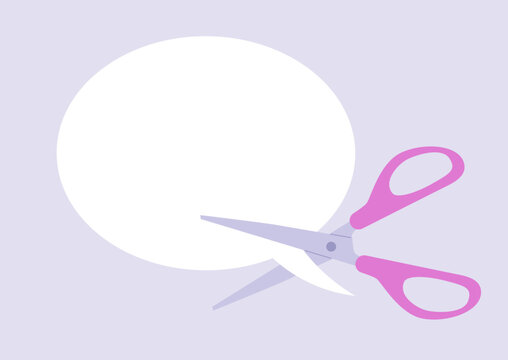 A pair of pink scissors is placed near a large white speech bubble, free speech suppression, censorship and journalistic ethics