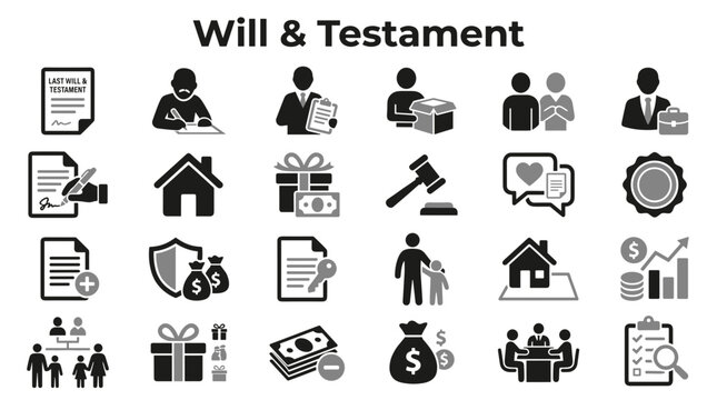 Set of Will and Testament Legal Icons for Estate Planning and Inheritance Law