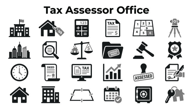 Set of tax assessor office icons representing property valuation assessment documentation and fiscal administration services in black silhouette style