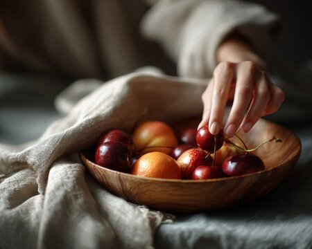 Hand picking cherry from wooden bowl for a cozy hand picking cherry from wooden bowl food photography, capturing a fresh hand picking cherry from wooden bowl moment with seasonal fruits.