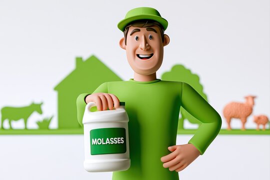 Happy cartoon farmer holding large white container with green label showing text molas