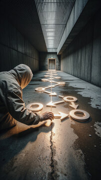Person in hooded jacket reaches toward glowing arrows laid on a wet concrete floor inside a dark industrial corridor with overhead skylight strips.