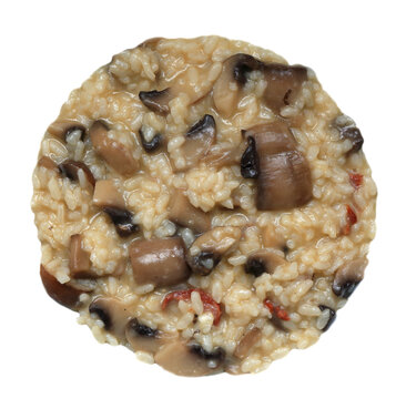 Home made risotto with mixed mushrooms and parmesan cheese. Isolated on white to fit any plate or bowl.