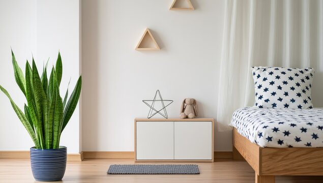 Modern Bedroom Interior with Snake Plant and Polka Dot Bedding.