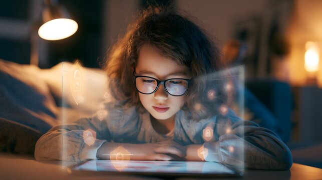 child safely browsing the internet on a tablet, transparent holographic shield protecting the device, subtle digital security symbols floating around the screen, modern home interior, warm ambient