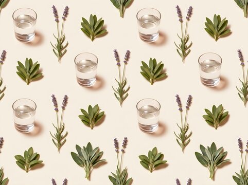 Lavender and sage pattern, herbal water glasses, botanical wellness backdrop