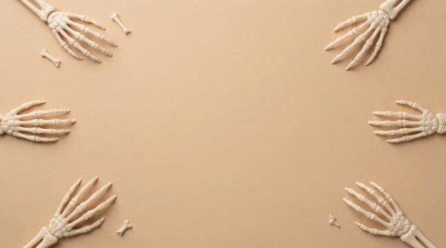 Skeletal hands and bones arranged in a frame on a beige background for halloween