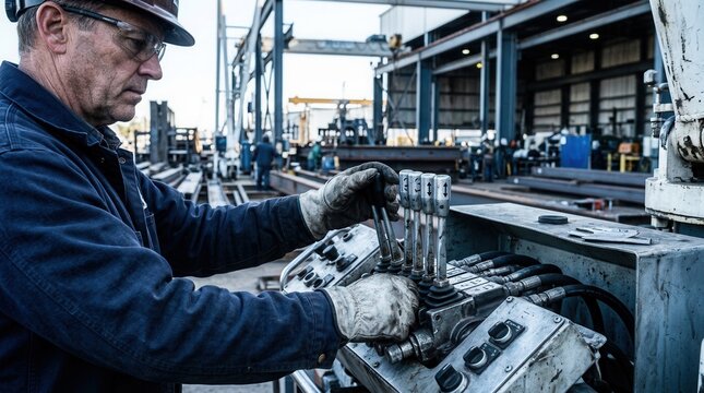 Skilled male worker operating heavy machinery control panel in industrial shipyard or factory setting
