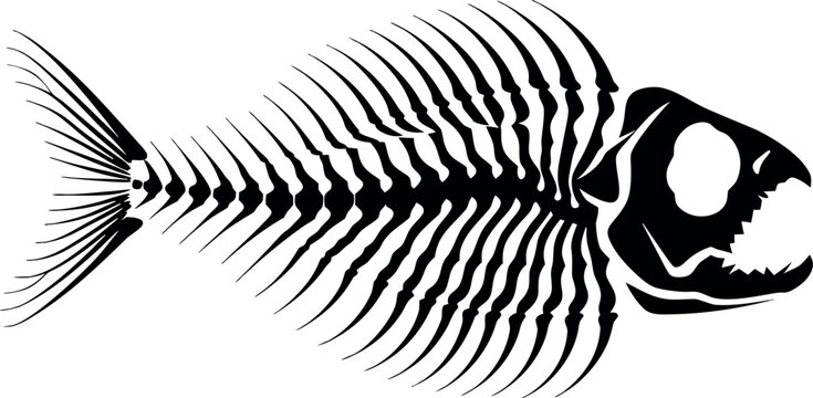 Black fish skeleton set, vector illustration of aquatic bones, skull and spine outline, marine biology structure, marine life icon, seafood symbol, graphic design element, eps10 illustration