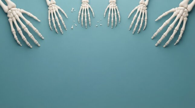 Five human skeleton hands with one crumbling into bone fragments on a teal background