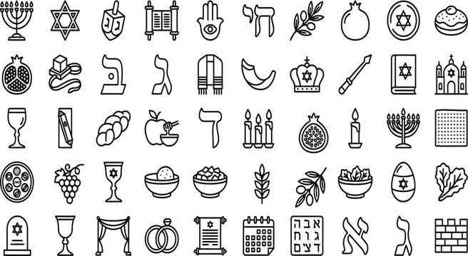 Set of jewish holiday vector icons and symbols with religion