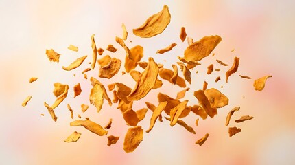 Fototapeta premium Fresh slices of ripe mango fruit flying in the air. dried mango flakes
