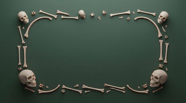 Spooky Halloween background with human skulls and bones frame on dark green surface with copy space