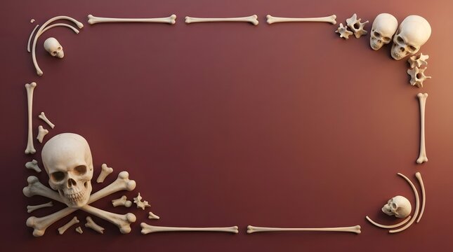 Spooky Halloween background with human skulls and bones frame on dark red surface with copy space