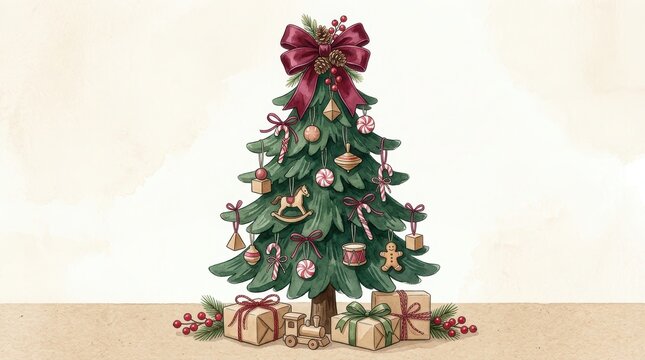 Watercolor illustration of a decorated christmas tree with vintage ornaments and gift boxes underneath