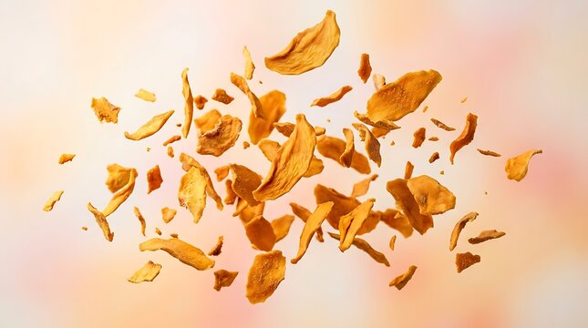 Fresh slices of ripe mango fruit flying in the air. dried mango flakes