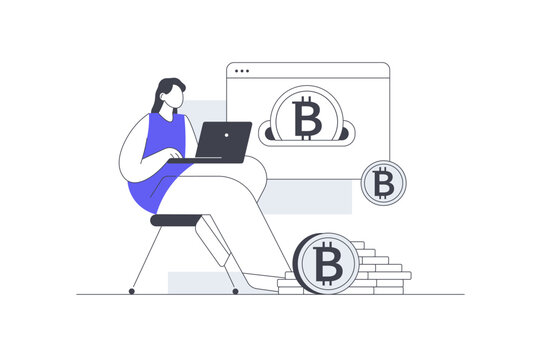 Extracting Bitcoin Mining and Cryptocurrency Finance Investment. Female Specialist Working on Laptop with Digital Bitcoin Coins and Crypto Wallet Window. Flat Cartoon Vector Illustration, icon Stylish