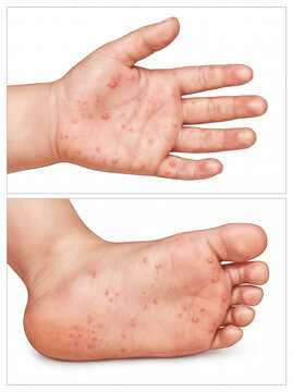Medical illustration of Hand, Foot, and Mouth Disease rash and blisters on child's palm and sole.