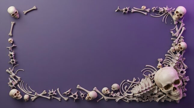 Spooky Halloween background with human skulls and bones frame on dark purple surface with copy space