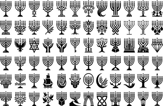 Large set of menorah candlestick vector silhouettes