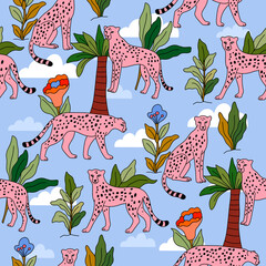 Pink cheetah seamless pattern with tropical foliage on blue sky © Marie