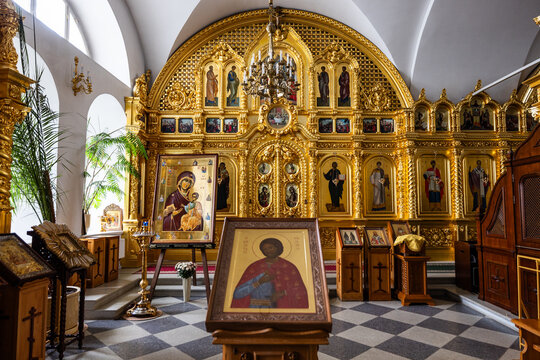View of the ornate golden iconostasis and religious icons inside a church at the Solovetsky Monastery in Solovetsky, Arkhangelsk Oblast, Russia.