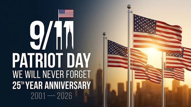 Patriot day twenty fifth year anniversary banner featuring multiple waving united states flags in front of new york city skyline during sunset for solemn historical commemoration.