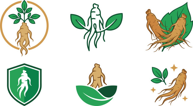 Ginseng Root Logo and Icon Vector Set Featuring Traditional Chinese Medicine Herb Elements and Green Leaves for Natural Wellness Branding Designs
