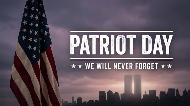 Patriot day remembrance with american flag and silhouette of twin towers and cityscape at dusk remembering 9 11 with text we will never forget.