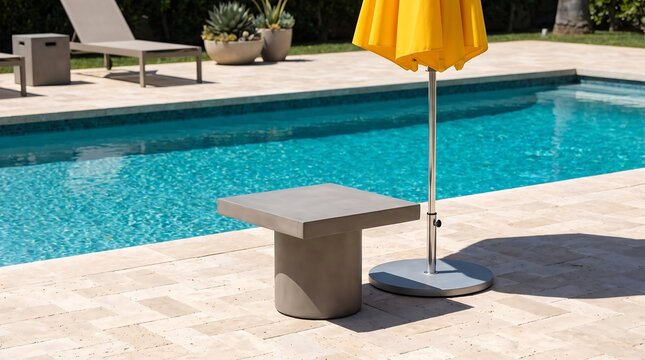 Modern concrete side table by a luxury swimming pool, outdoor patio furniture with yellow umbrella, minimalist poolside lifestyle