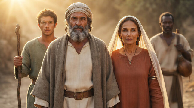 Biblical scene, medium shot from a low side angle of Abraham, Sarah, Lot, and their servants walking through a wide valley toward the land of Canaan.
