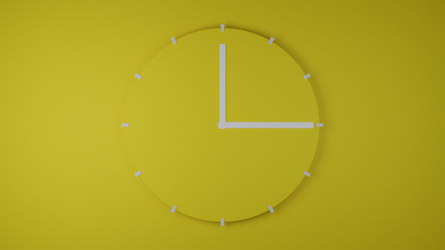 Yellow minimalist wall clock with white hands pointing at three o clock on yellow background