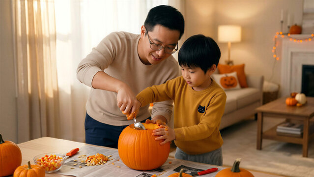 An Asian father and son are spending time carving pumpkin lanterns in a cozy living room, preparing for Halloween.
