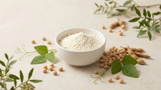 Fresh soy milk in a white bowl with organic soybeans and green leaves on a light gray table surface