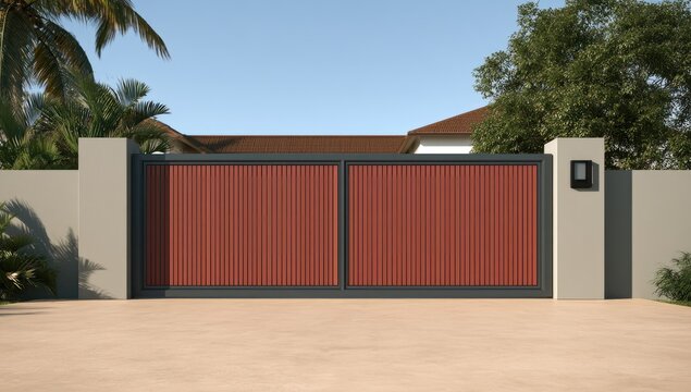 Modern Red Sliding Gate with Concrete Pillars and Tropical Trees.