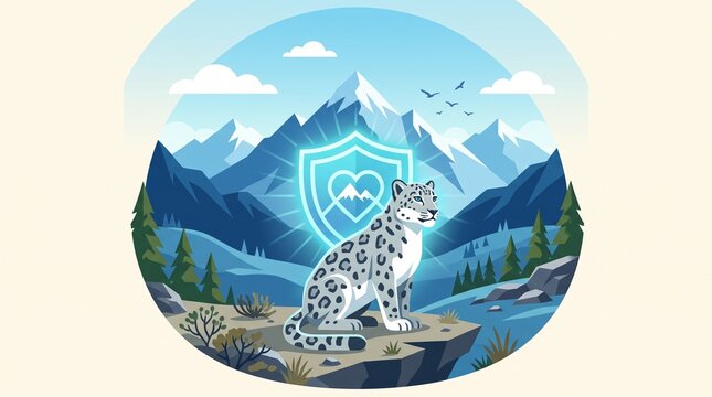 Conceptual illustration of a snow leopard representing wildlife conservation, featuring a glowing blue protection shield with a heart symbol set against a scenic mountain landscape.