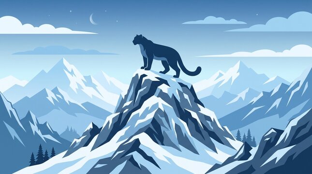 Majestic silhouette of a black panther standing on a snow-covered mountain peak against a blue twilight sky with a crescent moon; a minimalist vector illustration depicting strength and leadership.