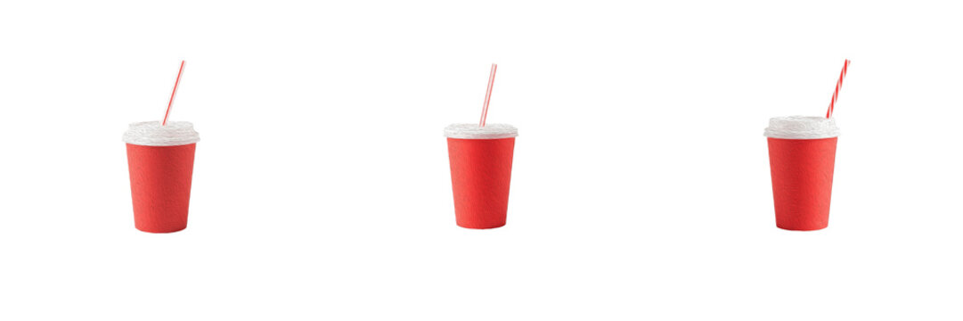 Set Red Paper Cups with Straw Isolated on White Background Collection for Fast Food Drink Beverage Takeaway Cafe and Restaurant Menu Vector Illustration