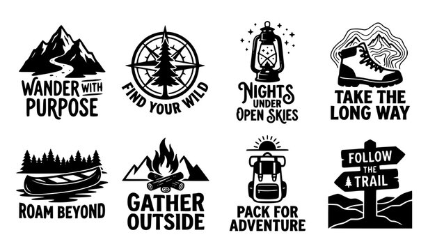 Set of hiking camping outdoor exploration badges featuring mountains canoes lanterns boots motivational quotes adventure mountain typography outdoors wilderness campfire
