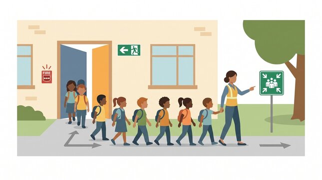 Diverse group of elementary school children and teacher evacuating a building during a fire drill, following safety procedures to a designated assembly point in a flat vector illustration.