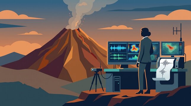 Professional female volcanologist monitoring a smoking volcano using advanced seismic data and heat maps on computer screens in a field research station illustration.