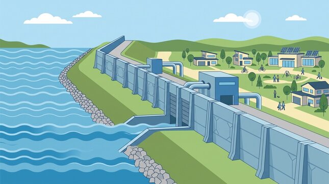 Modern flood protection dam and seawall system guarding a sustainable residential community with green energy solar panels and public parks, flat vector illustration of urban planning.