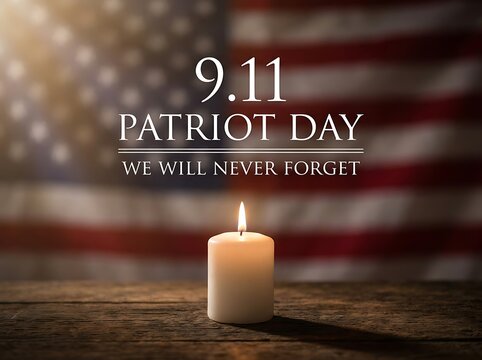Patriot day memorial banner with burning candle placed on rustic wooden table against blurred american flag background featuring remembrance typography for september eleven events.