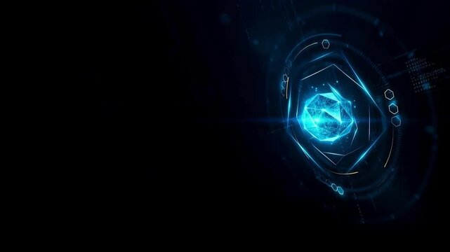 Futuristic glowing blue geometric core protected by a multi-layered digital shield HUD interface in a dark cyberspace environment.
