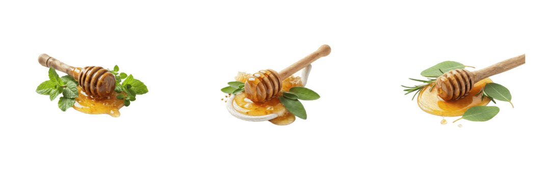 Set of delicious sweet golden honey dripped from wooden dippers with fresh green leaves isolated on a white background organic food collection for design