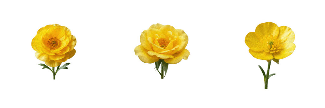 Set of beautiful yellow buttercup flowers with green stems and leaves isolated on a white background floral nature collection for spring design and decoration