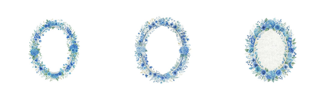 Set of beautiful blue floral wreaths and frames isolated on a white background watercolor nature collection for wedding design and greeting card decoration